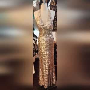 Vintage Gold Sequin Halter With Slit Dress